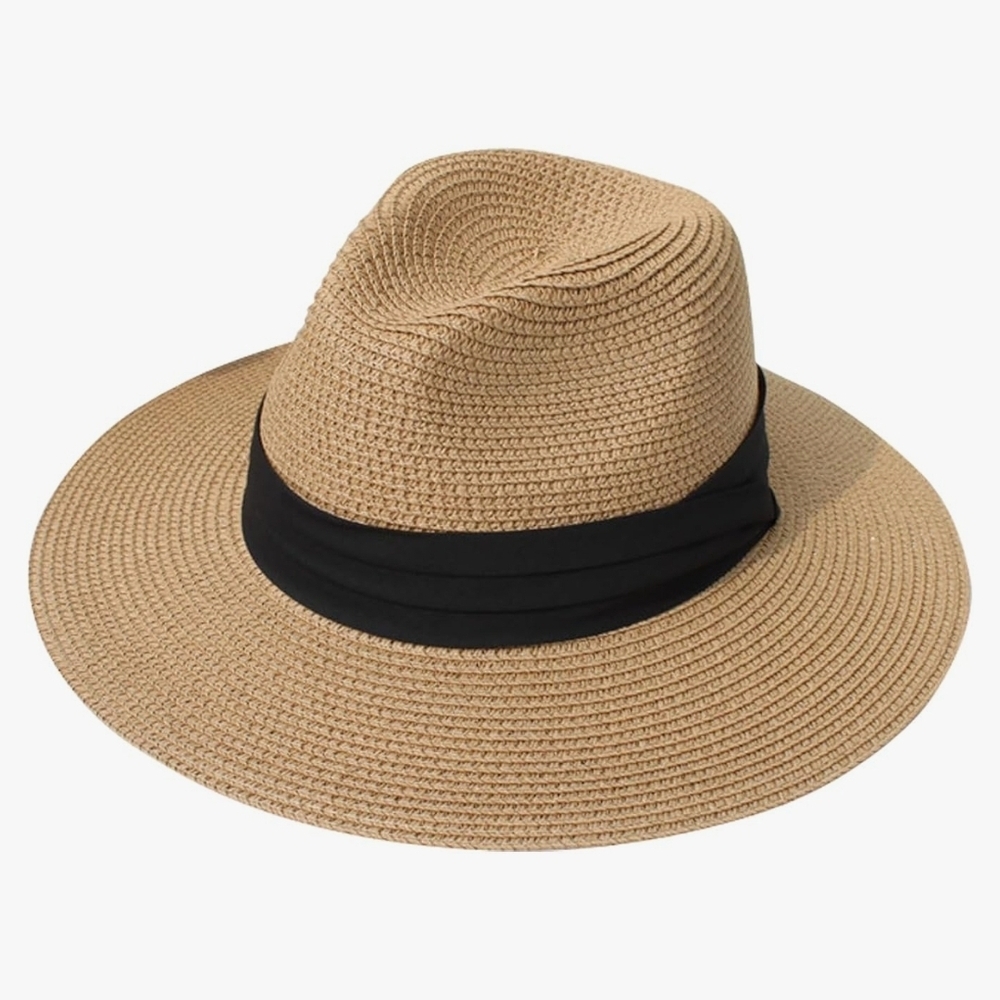 Tan and Black Fedora Hat with Wide Brim